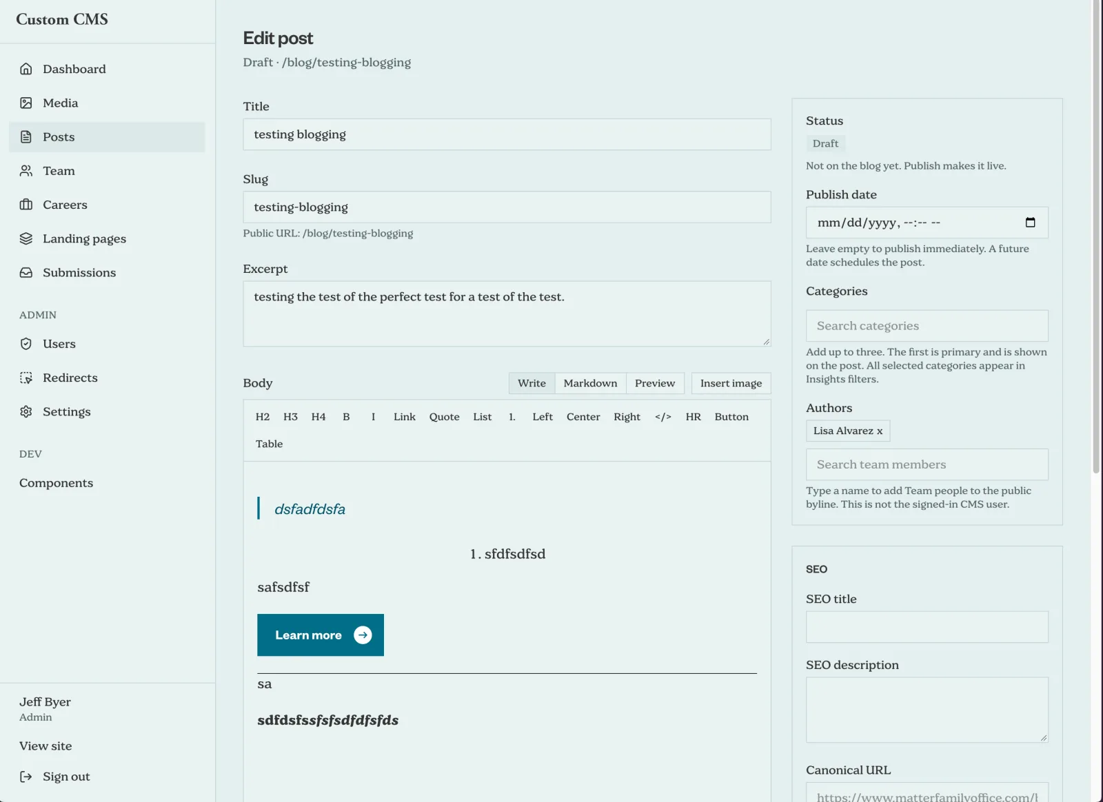 Custom CMS post editor showing structured content fields, publishing status, and SEO settings