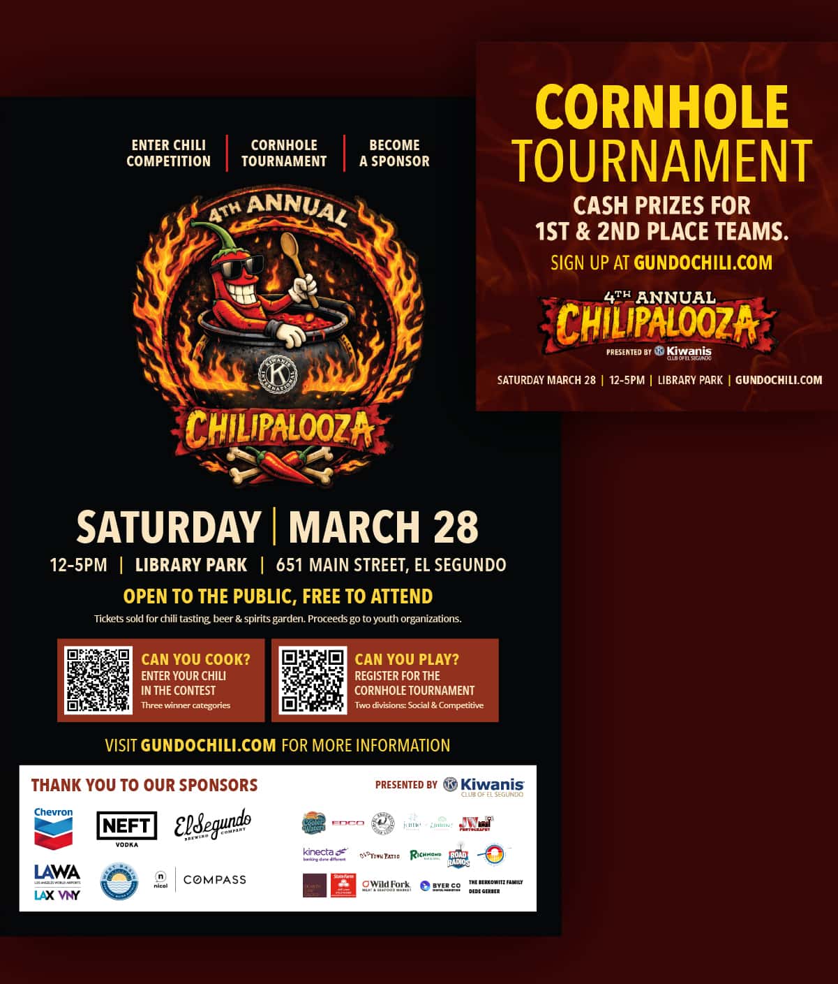 Chilipalooza event poster with chili competition and cornhole tournament details